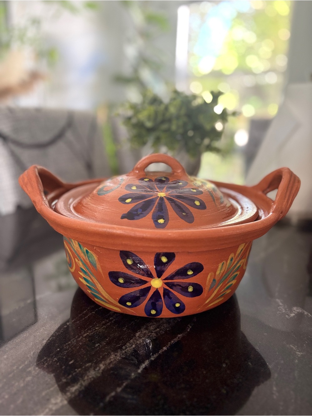 New Handmade Mexican Clay Cazuela with Lid – Large Floral Serving Dish